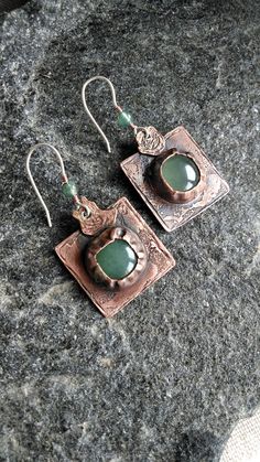 "Handmade earrings \"Patterns of Time\" will set the mood and add charm to your everyday look. The green gemstone will accentuate the color of your eyes or your outfit! It's essential to remember that earrings, with their color and shape, complete your overall appearance!" Unique Green Pierced Earrings, Handmade Green Pendant Earrings, Artisan Green Jewelry For Pierced Ears, Artisan Green Drop Earrings, Green Gemstone Copper Jewelry, Green Gemstone Jewelry In Copper, Pierced Green Copper Earrings, Artisan Green Brass Earrings, Green Copper Gemstone Jewelry