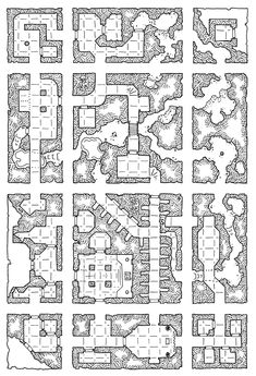 a black and white drawing of a maze with many different areas in it, including the top