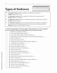 the types of sentences worksheet is shown in black and white, with text