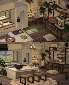 the kitchen and living room are in different stages of being furnished with furniture, appliances, and decor