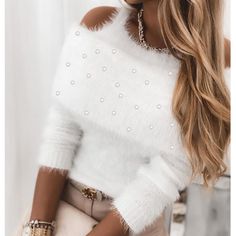 Solid Color Women'S Long Sleeve White Beaded Sweater sold by Womens Style. Shop more products from Womens Style on Storenvy, the home of independent small businesses all over the world. Cheap Sweaters Online, Womens White Sweater, Ciel Rose, Dressy Sweaters, Chiffon Maxi Skirt, Stylish Fall Outfits, Sweaters Women, Beaded Sweater, Dress Sleeve Length