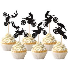 cupcakes with black silhouettes of people riding bicycles and on top of them are $ 10 99