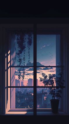 an open window looking out onto a city at night with birds flying in the sky