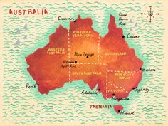 a map of australia with all the major cities and towns on it's side