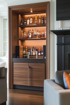 a living room filled with furniture and lots of bottles