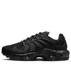 The Nike Air Max Terrascape Plus 'Triple Black' is a sleek and stylish sneaker designed for adults. It features a unique TPU overlay that follows the curves of the palm tree, connected to an extended mudguard above the eco-friendly volcanic foam midsole. Inspired by Sean McDowell's 1998 design, this sneaker is perfect for any activity, from running to casual wear. The 'Triple Black' colorway is a timeless classic, making it a must-have for any sneaker collection. (SNKR/Retro/Men's/Low Top) Black Techwear Sneakers For Outdoor, Black Fade-resistant Sneakers For Outdoor Activities, Black Casual Sneakers For Outdoor Activities, Casual Black Sneakers For Outdoor Activities, Techwear Sneakers With Boost Midsole For Sports, Urban Sneakers With Ventilation For Streetwear, Black Dynamic Sneakers With Ventilation, Black Sneakers For Outdoor Activities, Black Sportswear Sneakers For Outdoor Activities