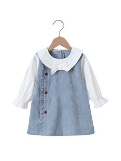 Cute Blue Dresses With Button Closure, Cute Blue Dress With Button Closure, Spring School Dresses With Buttons, White Long Sleeve School Dress, Long Sleeve Cotton School Dress, Long Sleeve Ruffled Dress For School, Cotton School Dresses With Buttons, Casual School Dress With Buttons, Casual Buttoned School Dress