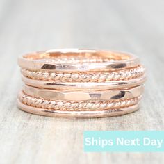 Beautiful mix of stacking rings. Rings are 14K rose gold filled. Slim stackable rings. Set of 6. Gold option is 14k gold filled and silver option is .925 sterling silver. Bands are approximately 1.3-1.5mm each. If you don't see your size please feel free to message me. All orders ship in a gift box. If you are ordering multiple items and want them boxed separately, please let me know in the notes at checkout. I ship via USPS. Please review the estimated delivery date and processing times. Proces Rose Gold Stackable Midi Promise Rings, Stackable Rose Gold Midi Rings For Weddings, Rose Gold Rings, Silver Bands, Gold Stacking Ring, Hammered Band, Stacking Ring Set, Rings Rings, Gold Ring Stack