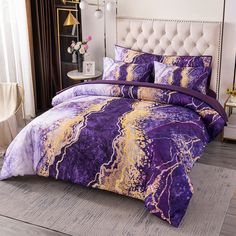 PRICES MAY VARY. California king comforter bedding sets 6 pieces include: 1 Comforter: 104"x96", 1 Fitted Sheet:84"x72"+16", 1 Flat Sheet: 108"x102", 2 Envelope Pillowcases: 20"x36", 1 Body Pillow Cover 20"x54", perfect for a cal king size bed. Practical Detail Design: The purple comforter sets with 3D print watercolor marble pattern design，just like burning mountain,make your bedroom look full of design and luxury.Reactive printing technology keep the fade resistant.All pieces of bedding set co Purple Comforter Set, Purple Comforter, Marble Pattern Design, Watercolor Marble, Purple Queen, Tie Dye Bedding, Full Comforter Sets, King Size Comforter Sets, Colorful Comforter