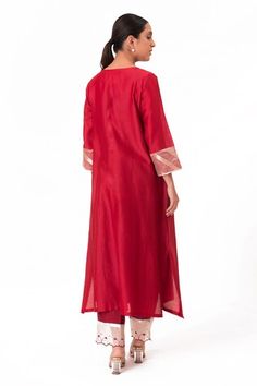 Crimson red kurta with embroidered banarasi jacquard tissue yoke. Paired with a slub silk pant and chanderi dupatta with scalloped tissue detailing. - Aza Fashions Red Cotton Silk Traditional Wear With Long Sleeves, Red Traditional Wear With Dabka On Cotton Silk, Red Long Sleeve Palazzo Set With Self Design, Chanderi Dupatta, Red Kurta, Silk Pant, Crimson Red, Kurta With Pants, Silk Pants