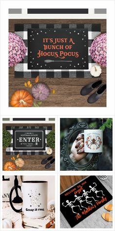 a collage of photos with pumpkins and other items