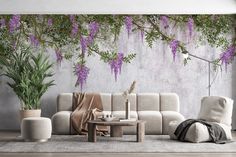 a living room with purple flowers on the wall