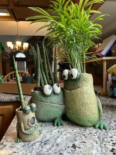 two green plants with googly eyes sitting on a counter top next to each other