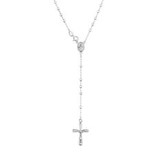 This sterling silver rosary necklace can be proudly worn as an expression of your faith and reverence. The 20'' necklace features a faceted beaded chain and is completed with a delicate cross charm. Elegant Sterling Silver Crucifix Rosary, Elegant Sterling Silver Rosary With Cross, Silver Cross Lariat Necklace With Adjustable Chain, Cross Rosary, Silver Rosary, Jewelry Education, Rosary Necklace, Diamond Guide, Sterling Silver Cross