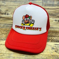 Chuck E. Cheese Mens Trucker Hat Red Snapback Pizza Arcade 90s Throwback Logo Red Retro Hats For Baseball Season, Retro Red Hats For Baseball Season, Red Retro Hat For Baseball Season, Retro Red Trucker Hat, Retro Red Trucker Baseball Cap, Retro Red Snapback Trucker Hat, Retro Red Baseball Cap With Curved Bill, Fun Red Snapback Baseball Cap, Retro Red Snapback Cap