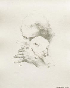 a black and white drawing of a person holding a baby in their arms, with the image of a man's head on his chest