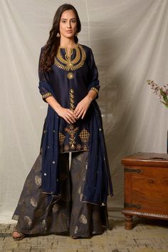 Shop gorgeous cobalt blue and grey embroidered chanderi suit online in USA with dupatta and grey palazzo. Shine at weddings and special occasions with beautiful Indian designer suits, gowns, lehengas from Pure Elegance Indian clothing store in USA.-full view Designer Indian Suits, Chanderi Suit, Suit With Dupatta, Indian Designer Suits, Chanderi Suits, Sharara Suit, Fashion Journals, Indian Suits, Blue And Grey