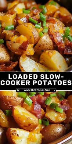 loaded slow cooker potatoes in a bowl with green onions and bacon on the side