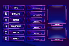 a bunch of different types of web buttons on a dark background with blue and purple colors