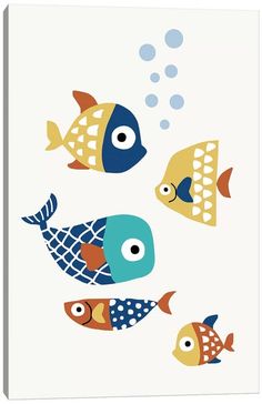 three fish swimming in the ocean with bubbles on their heads, one is blue and one is yellow