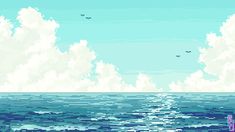 an ocean scene with clouds and birds flying in the sky over the water, as if it were pixel art