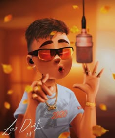 a digital painting of a young man wearing sunglasses and holding an object in his hand