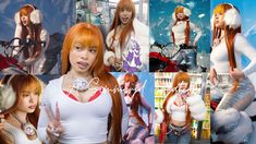 an image of a woman with red hair and white top posing for pictures in various poses