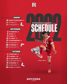 a soccer player kicking a soccer ball on a red background with the numbers in each corner