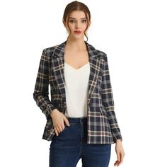 Pump up your power suit look with this plaid Blazer. Classic plaid pattern with notched lapel and one button closure blazer. Cut a little long to look great over midi skirts or skinny jeans. Pair with jeans for a casual look, or pair it with a smart midi skirt for a boss lady vibe. All prepped up for the coming season, this classic blazer is loaded with styling options. Fitted Plaid Blazer For Business Casual, Fitted Plaid Outerwear For Business Casual, Plaid Blazer With Buttons For Office, Plaid Office Blazer With Buttons, Trendy Fitted Plaid Blazer, Business Casual Plaid Blazer With Button Closure, Fitted Plaid Outerwear For Work, Fitted Plaid Outerwear For Office, Trendy Fitted Plaid Outerwear