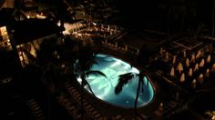 an aerial view of a swimming pool at night with palm trees in the foreground