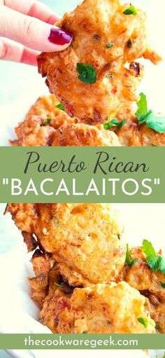 some food is stacked on top of each other with the words, puerto rican bacalatos