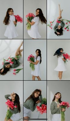 woman in white dress holding flowers and posing for pictures with her hands on her head