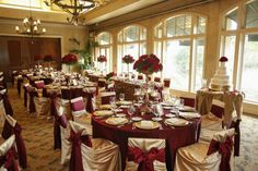 a banquet room set up for a formal function