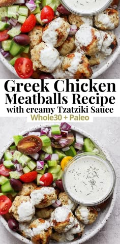 greek chicken meatballs recipe with creamy tzatzh sauce and cucumber salad