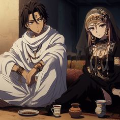 two anime characters sitting on a couch with cups