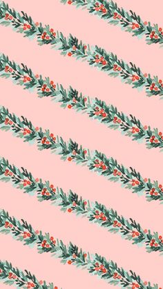 a pink background with red berries and green leaves on the top right corner is a diagonal pattern