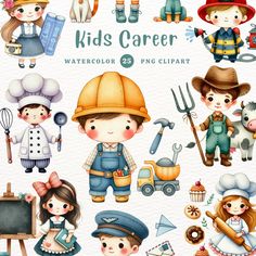 watercolor clipart for kids with different professions