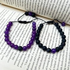 ADJUSTABLE Distance Bracelets Set - Black & Purple Matching Pair - Long Distance - For Friendships/relationships/couples - Gemstone Bracelet. Product details: Bracelet type: bead Material: Black Onyx & Amethyst  Color: Green & Purple  Band type: Thread Dimensions: Bead size: 8mm Bracelet length: 6-8 Inches (Slide design made to fit wrists of all sizes! One size fits all.) Weight: 17 gm (Approx.) 1. Choose between ordering a set or single bracelets above! This allows you to send the different col Black Adjustable Couples Bracelets, Promise Bracelet, Distance Bracelets, Purple Bracelet, Bracelets Set, Amethyst Color, Purple Band, Jewelry Lookbook, Slide Design