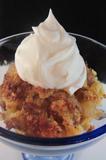 a close up of a plate of food with whipped cream on top