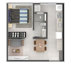 an overhead view of a living room and dining area in a small apartment with one bedroom