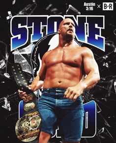 a man holding a wrestling belt in front of a black and blue background with the words stone on it