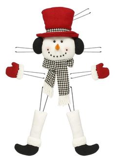 a stuffed snowman wearing a red hat, scarf and gloves with two hands in the air