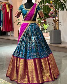 Lehangas With Old Pattu Saree, Blouse Designs For Half Saree Back, New Half Saree Designs, Half Sarees Design, Kanchi Half Saree Designs, Patola Half Saree Designs, Half Saree Pattu Blouse Designs, Half Sarees Lehenga, Patola Half Sarees