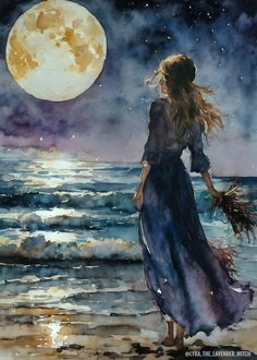 a watercolor painting of a woman walking on the beach with a full moon in the background