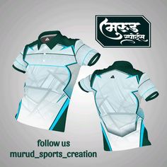 the front and back view of a white shirt with blue details on it, which reads follow us murud sports - creation