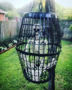 a skeleton in a cage on the grass