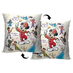 two pillows with mickey mouse characters on them