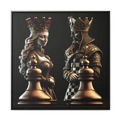 the queen and knight are standing next to each other with chess pieces in front of them