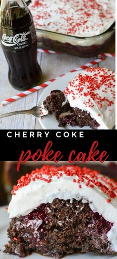 a slice of cherry coke poke cake on a plate with a bottle of coke in the background