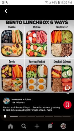 the bento lunchbox 6 ways menu is displayed on an iphone screen, and it's full of different types of food